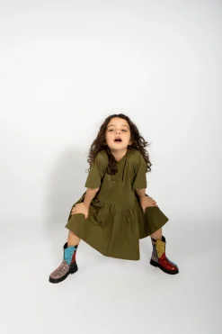 KHAKI GATHERED JERSEY T-SHIRT DRESS