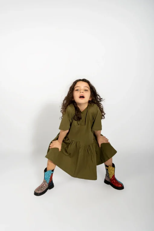 KHAKI GATHERED JERSEY T-SHIRT DRESS