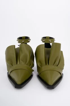 KHAKI POINTY FRILL LACE UP PUMPS