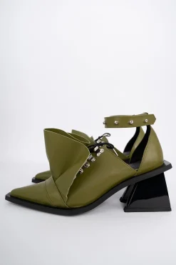 KHAKI POINTY FRILL LACE UP PUMPS