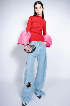 LIGHT BLUE BOYFRIEND TROUSERS WITH BIG EYELET