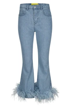 LIGHT BLUE FEATHER HEM CAPRI JEANS