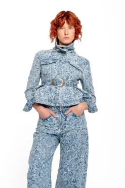 LIGHT BLUE FITTED JACKET WITH EMBELLISHMENT BELT