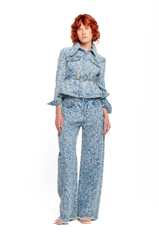LIGHT BLUE FITTED JACKET WITH EMBELLISHMENT BELT