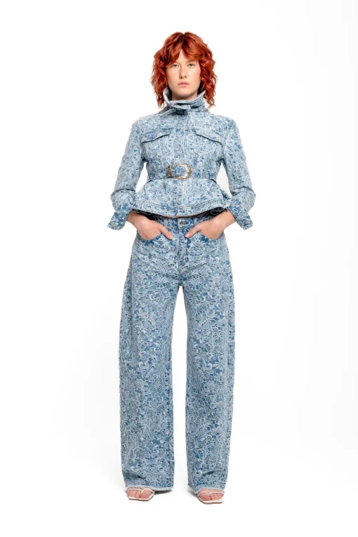 LIGHT BLUE FITTED JACKET WITH EMBELLISHMENT BELT