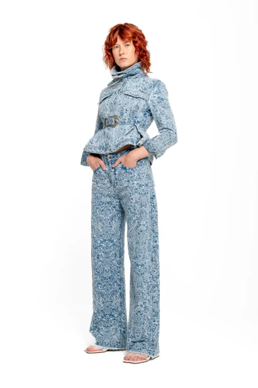 LIGHT BLUE FITTED JACKET WITH EMBELLISHMENT BELT