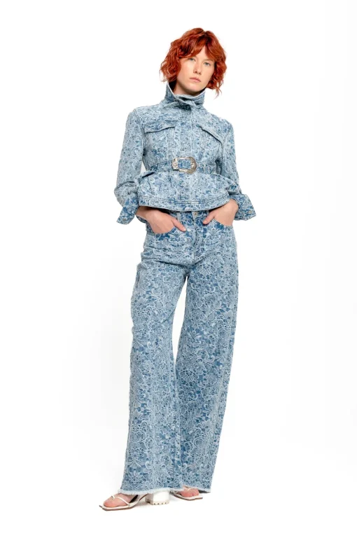 LIGHT BLUE FITTED JACKET WITH EMBELLISHMENT BELT