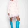 LIGHT PINK FEATHER HEM SHIRT DRESS