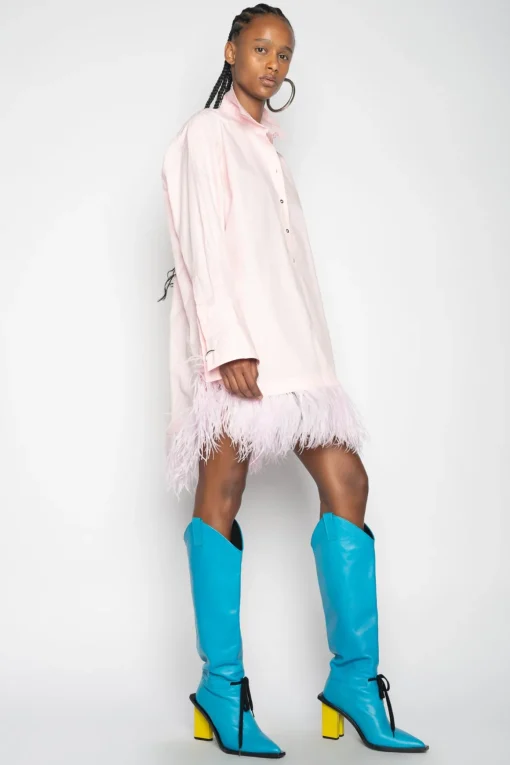 LIGHT PINK FEATHER HEM SHIRT DRESS