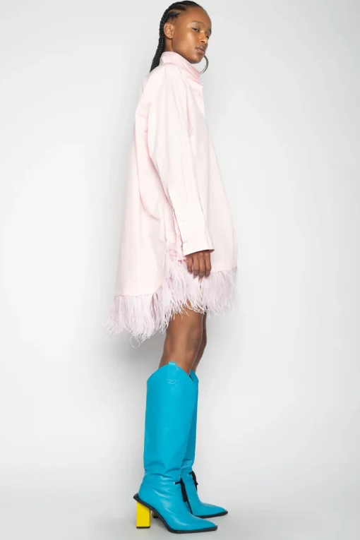 LIGHT PINK FEATHER HEM SHIRT DRESS