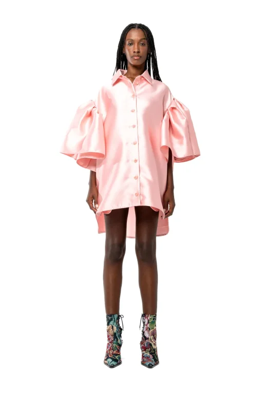 LIGHT PINK MIKADO OVERSIZED SHIRT WITH PLEATED SLEEVES