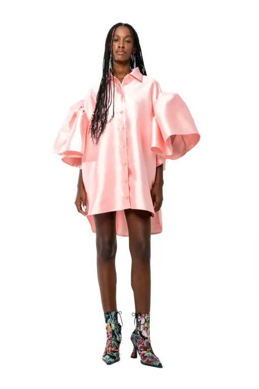 LIGHT PINK MIKADO OVERSIZED SHIRT WITH PLEATED SLEEVES
