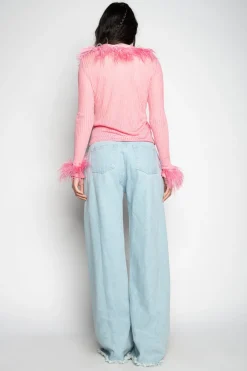 LIGHT PINK VISCOSE KNITTED TOP WITH FEATHERS