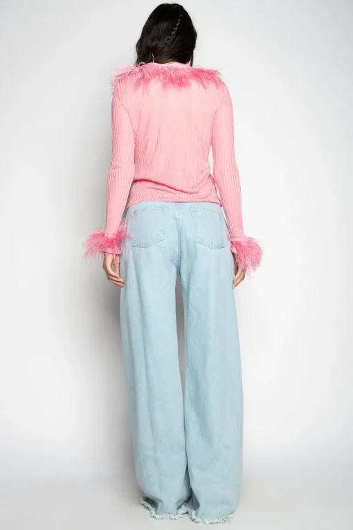 LIGHT PINK VISCOSE KNITTED TOP WITH FEATHERS