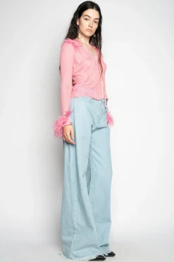 LIGHT PINK VISCOSE KNITTED TOP WITH FEATHERS