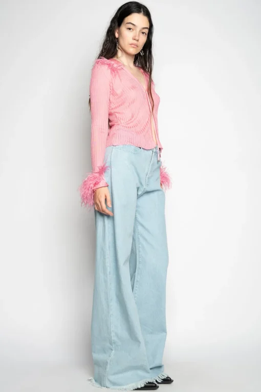 LIGHT PINK VISCOSE KNITTED TOP WITH FEATHERS