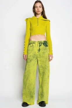 LIME MERINO WOOL KNITTED CROPPED TOP WITH BIG COLLAR