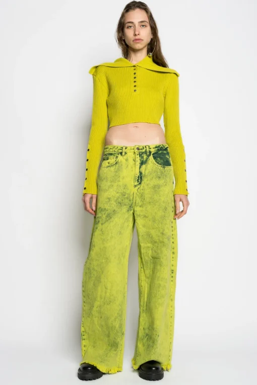 LIME MERINO WOOL KNITTED CROPPED TOP WITH BIG COLLAR