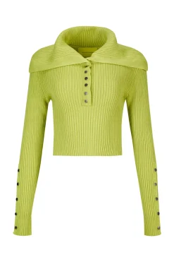 LIME MERINO WOOL KNITTED CROPPED TOP WITH BIG COLLAR