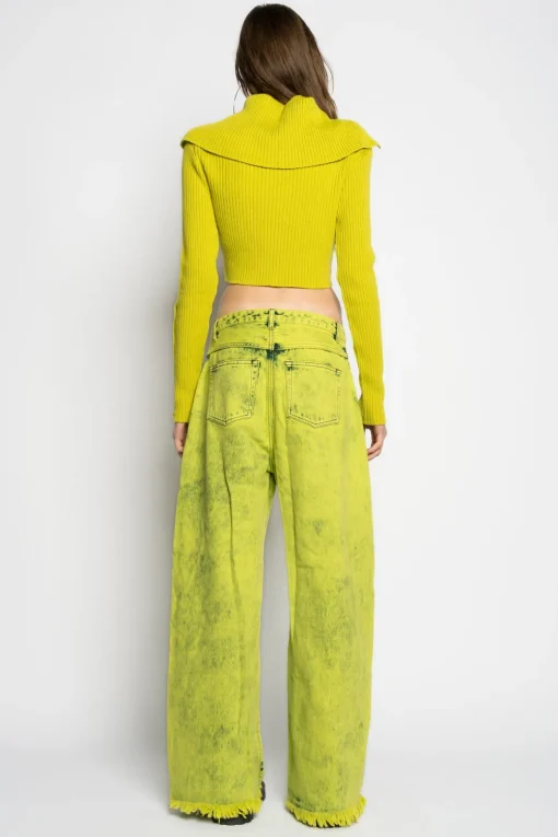 LIME MERINO WOOL KNITTED CROPPED TOP WITH BIG COLLAR