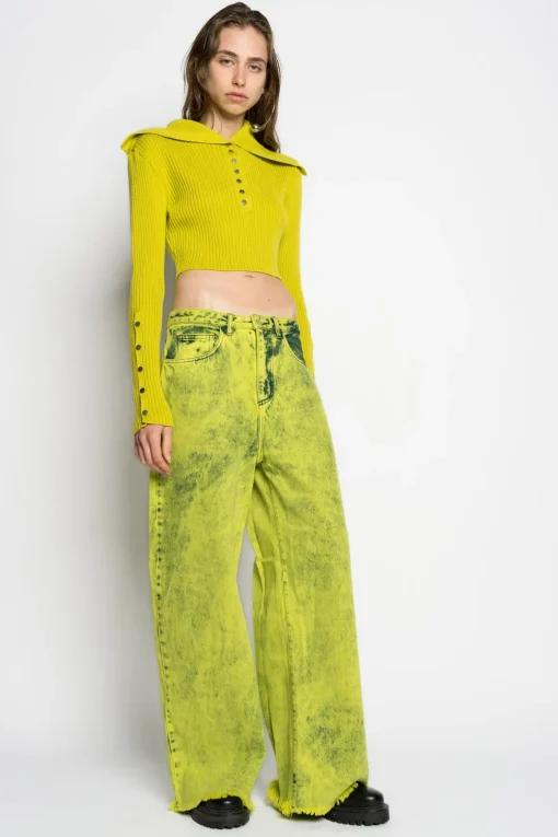 LIME MERINO WOOL KNITTED CROPPED TOP WITH BIG COLLAR