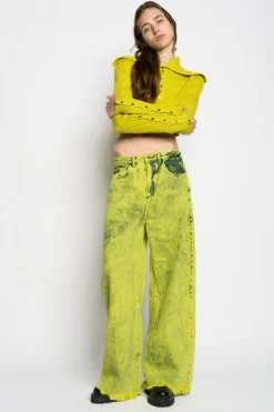LIME MERINO WOOL KNITTED CROPPED TOP WITH BIG COLLAR
