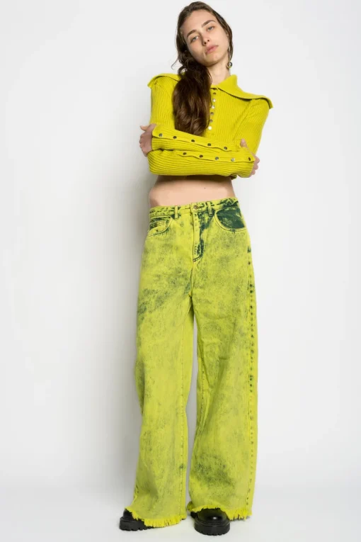 LIME MERINO WOOL KNITTED CROPPED TOP WITH BIG COLLAR