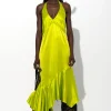 LIME SILK HALTERNECK BACK TIE DRESS