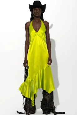 LIME SILK HALTERNECK BACK TIE DRESS