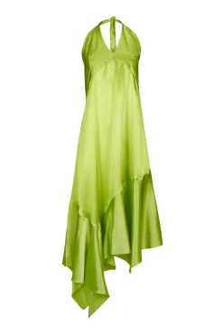 LIME SILK HALTERNECK BACK TIE DRESS