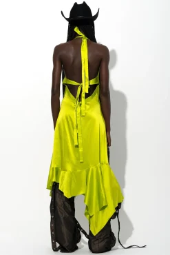 LIME SILK HALTERNECK BACK TIE DRESS
