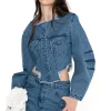MID BLUE ROUND SLEEVE CROPPED JACKET