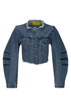 MID BLUE ROUND SLEEVE CROPPED JACKET