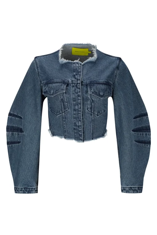 MID BLUE ROUND SLEEVE CROPPED JACKET