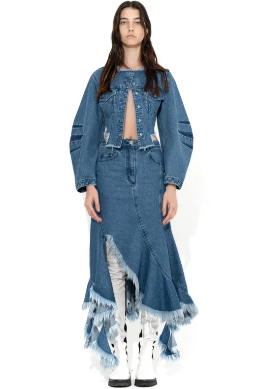 MID BLUE ROUND SLEEVE CROPPED JACKET