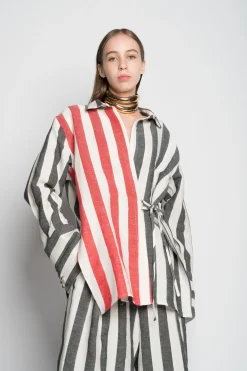 MIXED STRIPES LINEN WRAP SHIRT