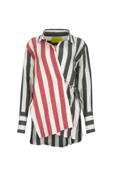 MIXED STRIPES LINEN WRAP SHIRT