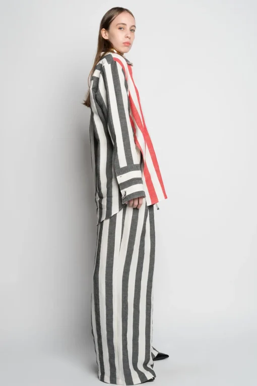 MIXED STRIPES LINEN WRAP SHIRT