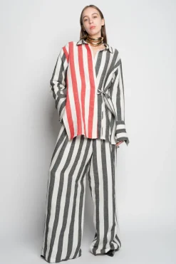 MIXED STRIPES LINEN WRAP SHIRT