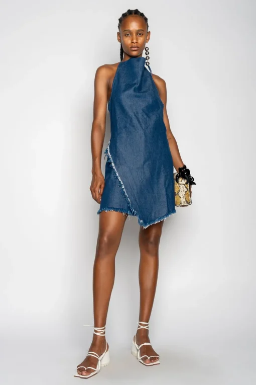NAVY DENIM HALTERNECK MINI DRESS