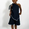 NAVY DENIM ONE SHOULDER KNOT TOP