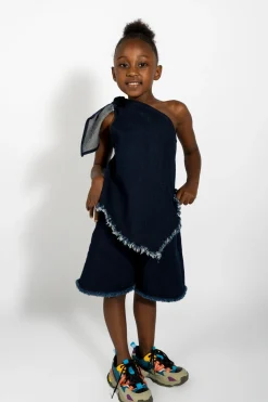 NAVY DENIM ONE SHOULDER KNOT TOP