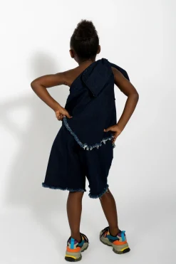NAVY DENIM ONE SHOULDER KNOT TOP
