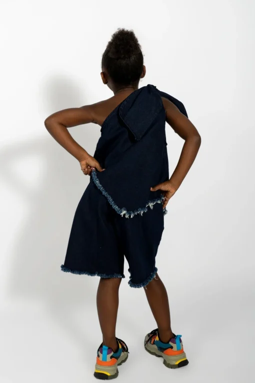 NAVY DENIM ONE SHOULDER KNOT TOP