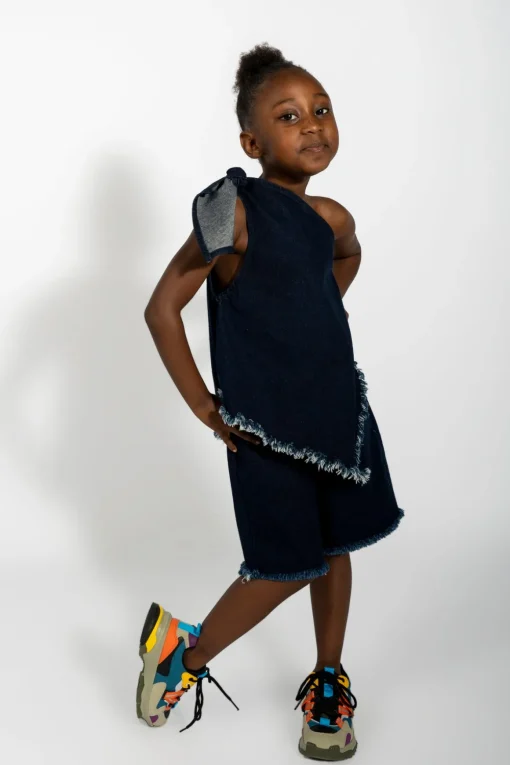 NAVY DENIM ONE SHOULDER KNOT TOP