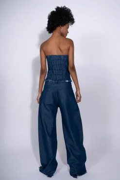 NAVY DENIM PATCH POCKET BOYFRIEND TROUSERS