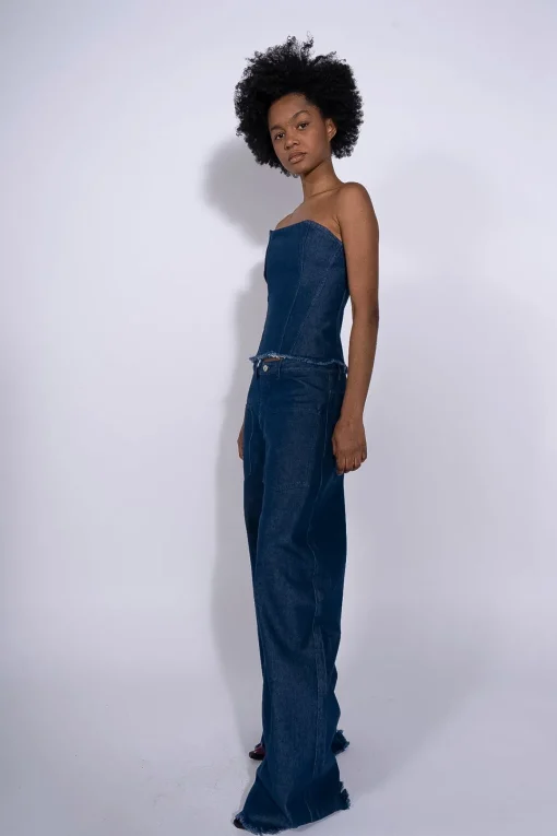 NAVY DENIM PATCH POCKET BOYFRIEND TROUSERS