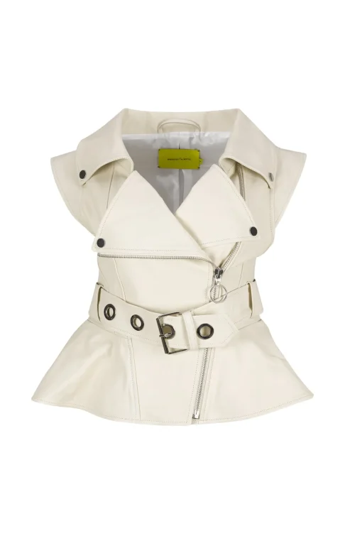 OFF-WHITE CINCHED OPEN NECK LEATHER BIKER VEST