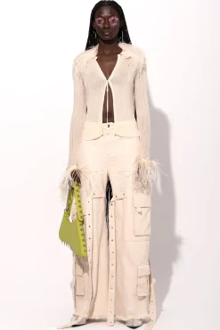 OFF-WHITE VISCOSE KNITTED TOP WITH FEATHERS
