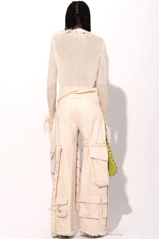 OFF-WHITE VISCOSE KNITTED TOP WITH FEATHERS